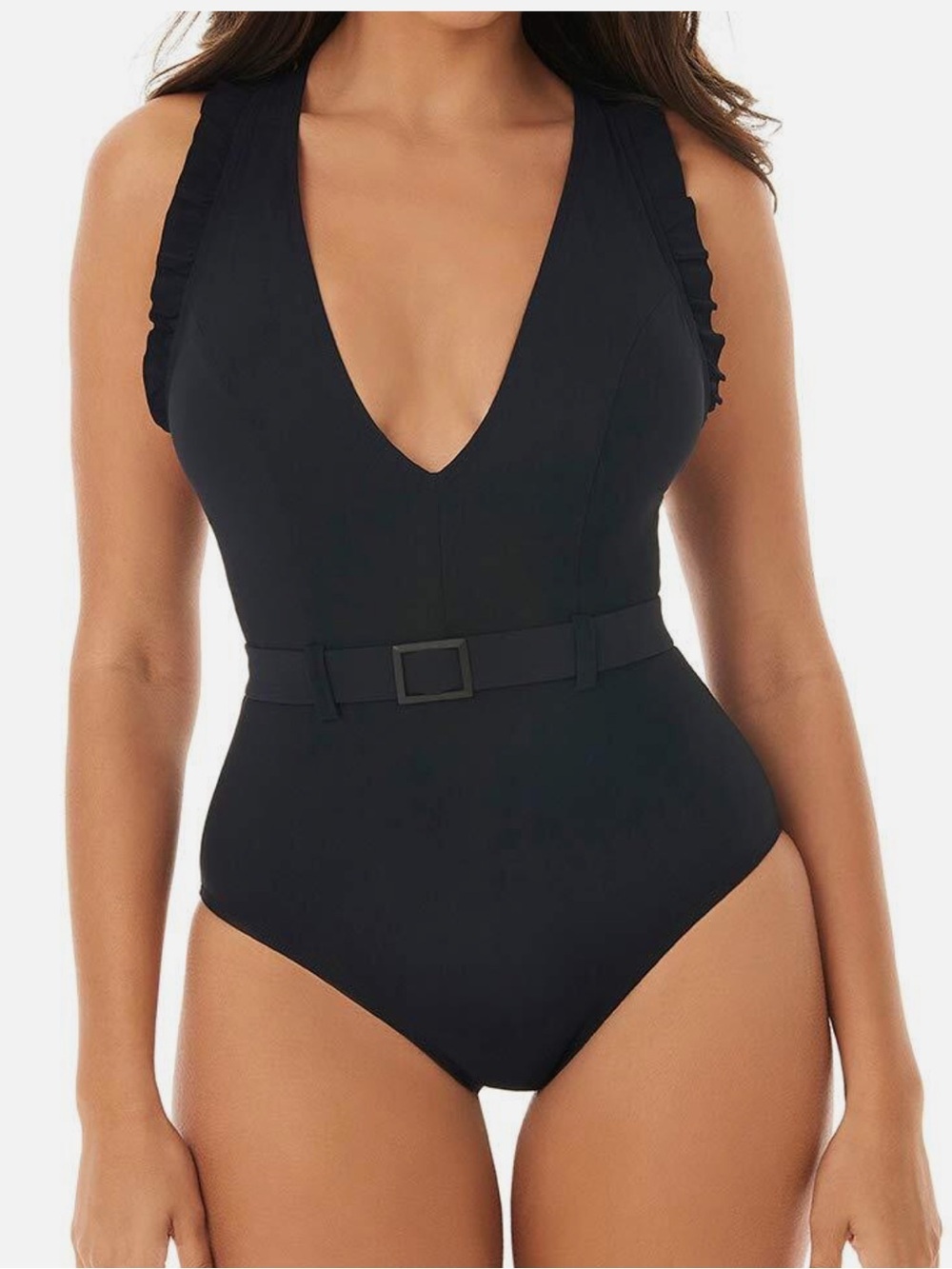 NEW SkinnyDippers Miraclesuit Jelly Bean Ruffle One Piece Black Belted Swimsuit